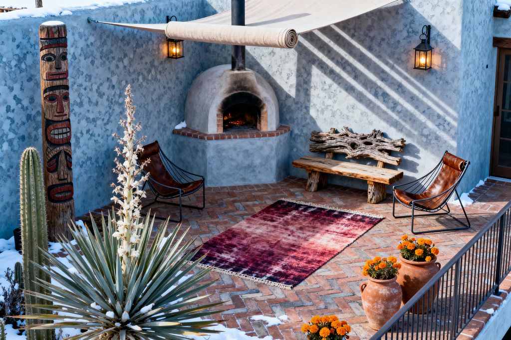 A Southwestern patio features blue-gray stucco walls with a domed kiva-style outdoor oven and rolled canvas shade above. Herringbone brick paving anchors two cognac leather sling chairs, a sculptural driftwood bench, and a berry-toned flatweave rug, while terracotta pots of orange marigolds, desert cacti, a carved totem post, wrought-iron lantern sconces, and a black metal railing complete the scene with patches of snow around the edges.