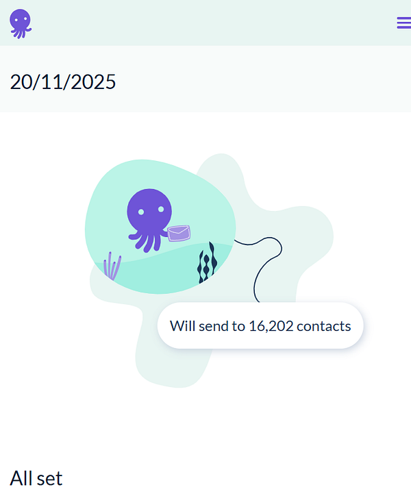A whimsical illustration of an octopus preparing to send a newsletter to a large number of contacts.