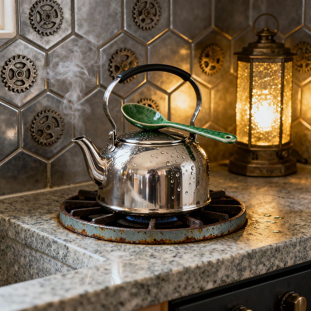 Close-up of a steampunk-inspired kitchen corner: a polished stainless-steel kettle steams on a gas burner with a rusted iron ring, set on a speckled gray granite countertop. The backsplash features pewter hexagon tiles with embedded gear motifs, and an antiqued brass lantern with crackle glass casts warm amber light. A green glazed ceramic spoon rests across the kettle handle, with a sink edge and wall outlet partially visible at the left.