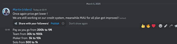 A chat interface displaying a message about price reductions and improvements in plans.