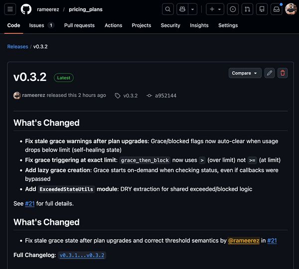 Screenshot of a GitHub pull request detailing the release of pricing_plans v0.3.2 with a fix for plan limit blocks and grace periods issues.