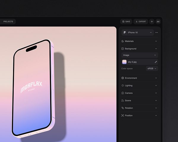 A digital rendering of an iPhone 16 with a gradient background and UI elements for a design application.