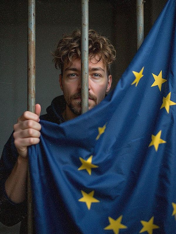 A man holding an EU flag stands behind metal bars, partially obscured by the flag.