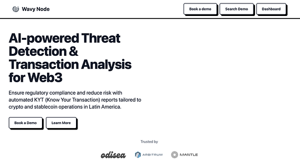 The image displays a landing page for Wavy Node, highlighting its AI-powered services for threat detection and transaction analysis.