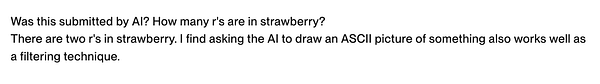 The image features a text-based discussion about AI submissions and a question regarding the letter 'r' in the word 'strawberry'.