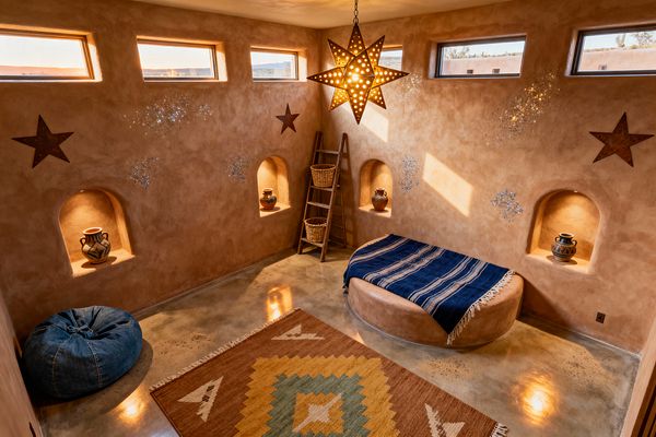 A cozy Southwestern kids’ room with caramel-toned plaster walls features arched built-in niches illuminated from above and displaying painted clay pots, a low curved plaster bed platform draped with a blue striped serape blanket, a rustic wood ladder with baskets, a denim beanbag, and a geometric kilim rug on polished concrete floors. Overhead, a perforated metal star pendant glows while clerestory windows flood the space with warm desert light and reflect off metal star accents and glittering wall specks.