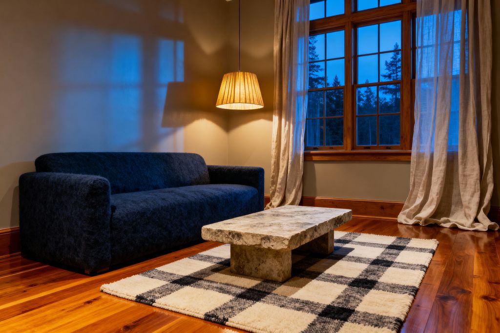 A Scandinavian-style living room at dusk features a deep navy, low-profile sofa with soft, textured upholstery. A rectangular stone coffee table sits on a cream rug with charcoal gray plaid. Honey-toned wood floors and matching window frames warm the space, while long, natural linen curtains frame a large multi-pane window. A pleated linen pendant lamp casts a gentle glow on beige walls, creating a calm, minimal atmosphere with ample negative space and natural materials.
