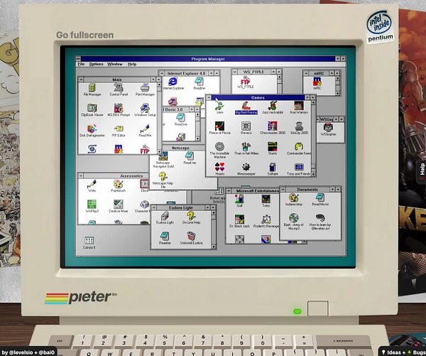 A vintage computer screen displays a retro graphical user interface with various program icons and windows.