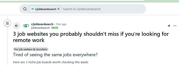 Reddit post titled '3 job websites you probably shouldn't miss if you're looking for remote work' from the r/jobboardsearch subreddit by a moderator.