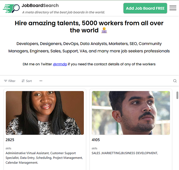 The image displays a job board interface showcasing worker profiles with their skills and identification numbers.