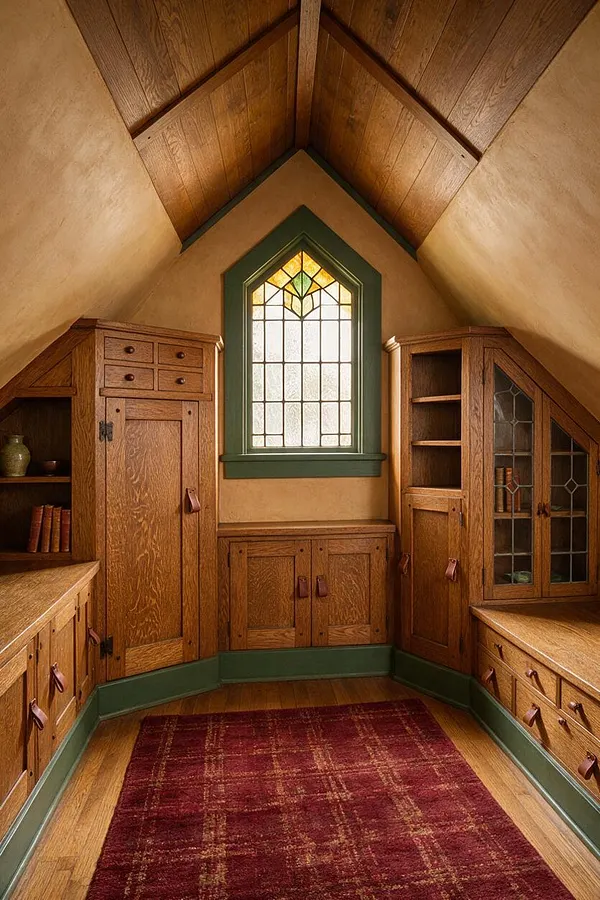 A narrow Craftsman-style closet with sloped wood-paneled ceilings, built-in oak cabinetry, and a central arched stained-glass window. Green trim frames the window and baseboards, while a red patterned rug adds color to the warm wood interior.