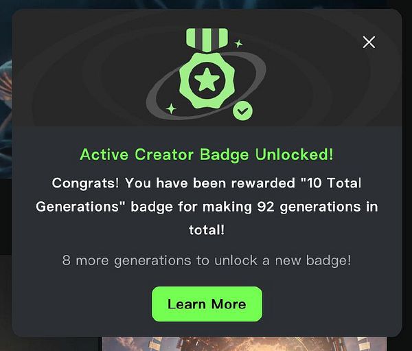 A notification pop-up congratulating a user for unlocking a badge in a gamified AI generation platform.