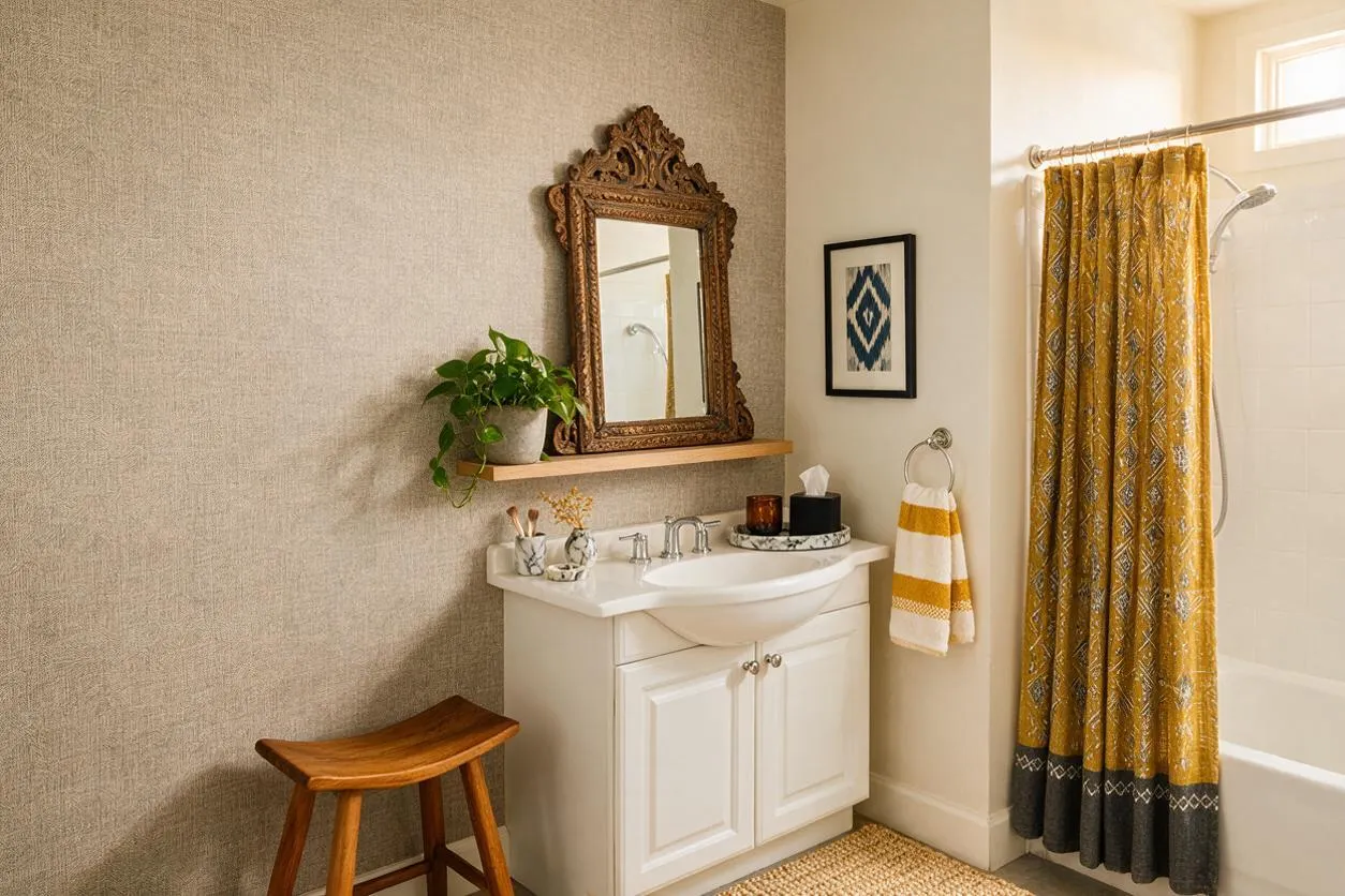 A warm eclectic master bathroom with a white vanity and integrated sink beneath an ornate carved wood mirror. A mustard patterned shower curtain, woven rug, wood stool, and small greenery add texture and color to the neutral room.