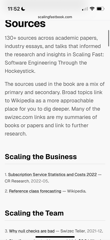 The image displays a sources page from the website scalingfastbook.com, detailing references used in the book 'Scaling Fast: Software Engineering Through the Hockeystick.'