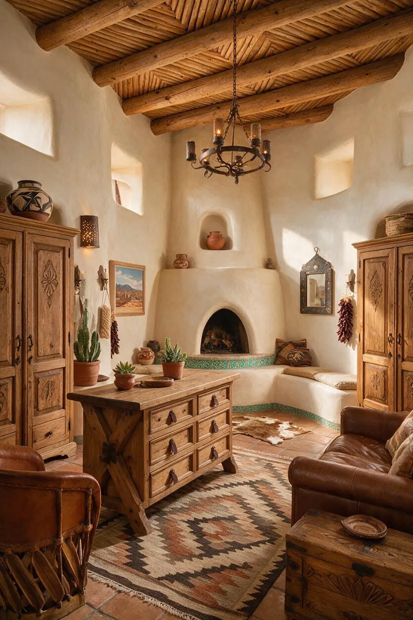 A cozy Southwestern-style closet or dressing room with adobe plaster walls, a carved wood ceiling, and a central fireplace niche. Rustic wooden wardrobes, a chest of drawers, leather seating, woven rugs, and decorative pottery create a warm earthy atmosphere.