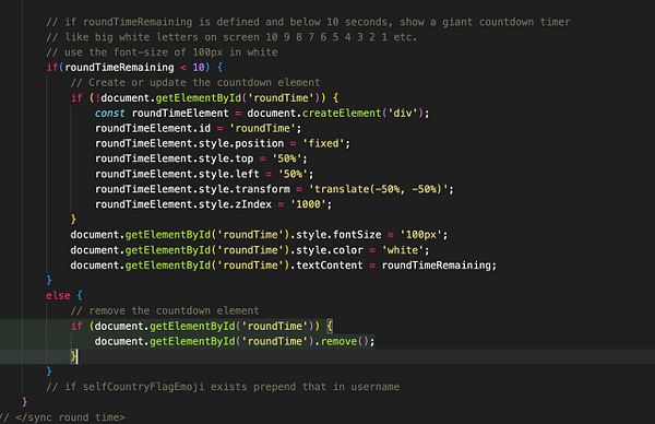 The image displays a code snippet for creating and managing a countdown timer in JavaScript.