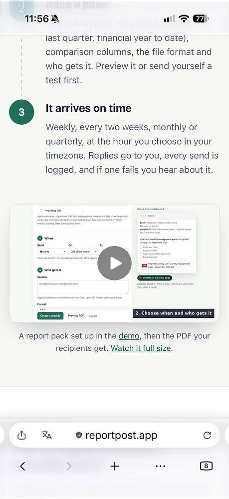 Smartphone screenshot of a webpage detailing a report scheduling feature with UI elements and instructions.