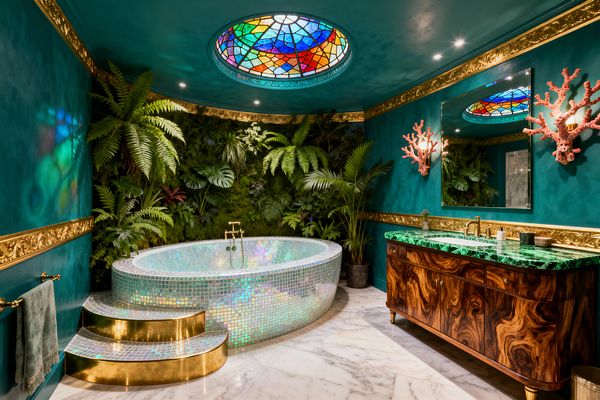 A luxurious bathroom with deep teal walls and ornate gold trim features a round soaking tub clad in iridescent mosaic tile, reached by curved polished-brass steps and set before a living wall of tropical plants. Opposite, a burl-wood vanity with a green malachite countertop sits beneath a large mirror and coral-shaped sconces, while a stained-glass ceiling oculus and recessed spotlights cast jewel-toned reflections across white marble flooring.