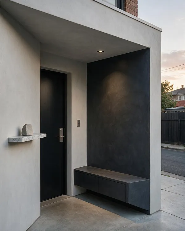 A minimalist front porch with smooth light-gray stucco walls, a matte black front door, and a charcoal built-in bench under a recessed light. A small floating stone shelf with a decorative rock adds a sculptural accent against the clean, modern entryway.