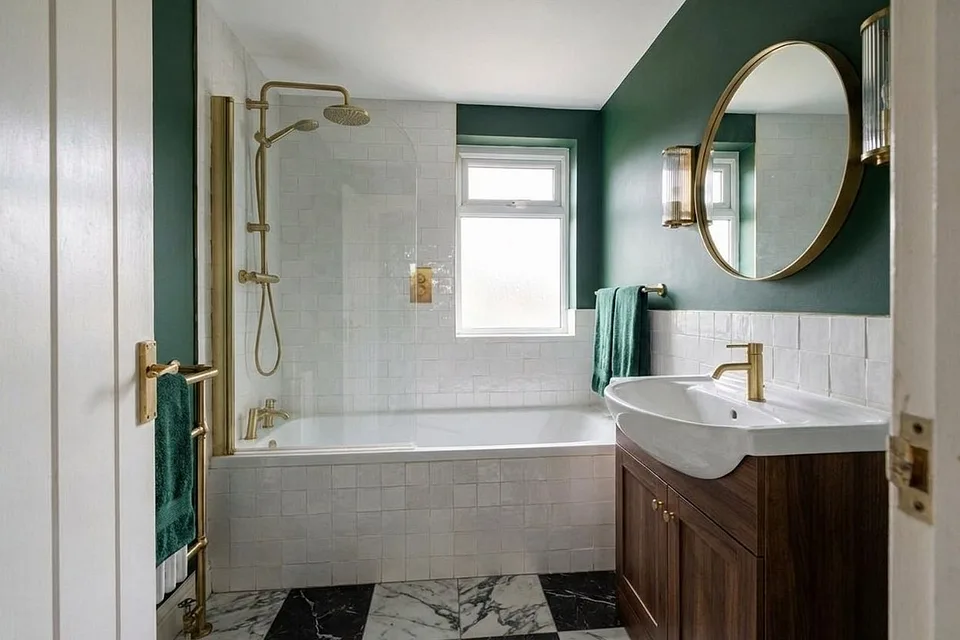 A plain white bathroom redone in deep green and brass