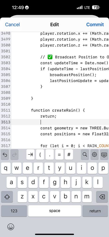 The image displays a code editor interface on an iOS device showing JavaScript code related to a game.