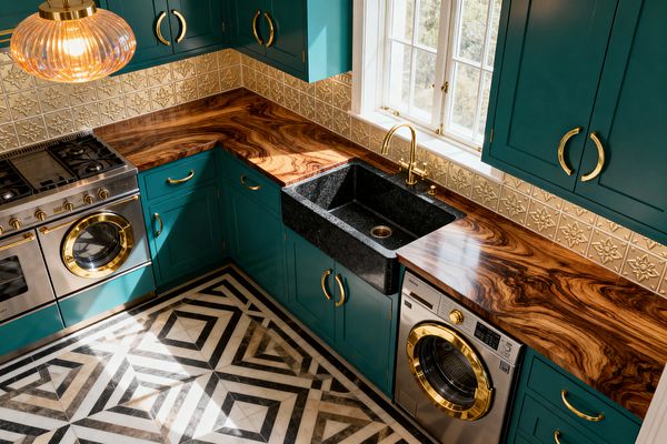 A compact L-shaped laundry features deep teal Shaker cabinets with curved brass pulls, richly grained walnut countertops, and a large black stone farmhouse sink set beneath a white-paned window. A washer with gold-trimmed door sits under the counter, while a champagne-gold embossed tin backsplash and ribbed glass pendant complement a bold black-and-white geometric marble floor.