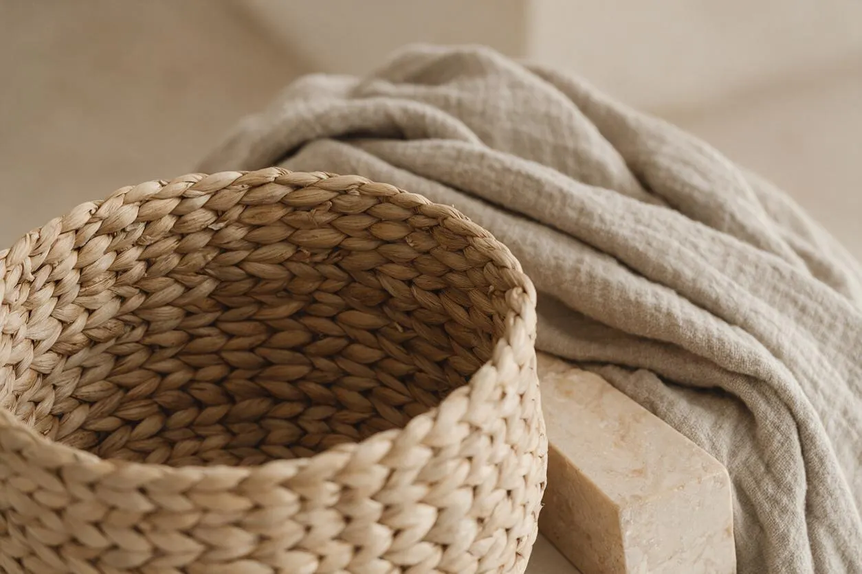 A close-up still life shows a woven natural basket beside a softly draped beige linen fabric and a light stone block. The scene uses warm neutral tones and tactile organic textures to create a calm Organic Modern look.