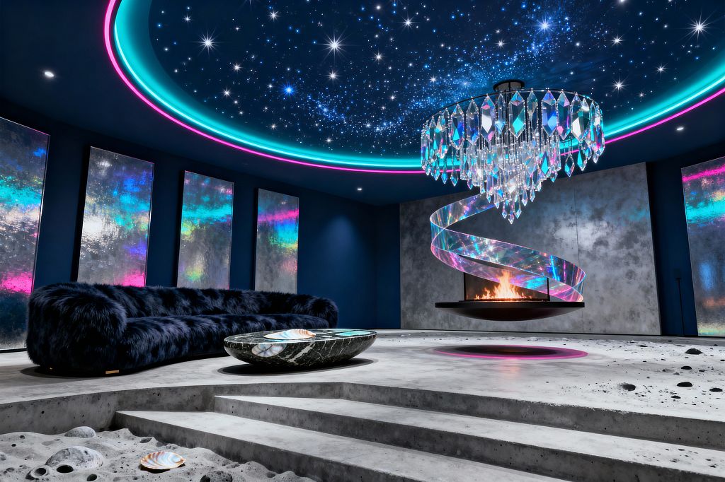 A circular living room features a starry, fiber‑optic ceiling framed by teal and magenta LED rings and a prismatic crystal chandelier. A suspended black steel fireplace wrapped in an iridescent spiral faces a deep navy faux‑fur sectional and an oval dark green marble table with shell-like inlay; polished concrete steps descend to a crater‑textured pit, while tall metallic panels glow with aurora gradients along the walls.