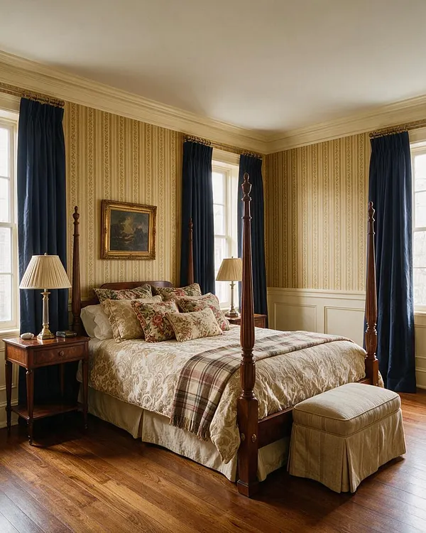 A traditional guest bedroom with a dark wood four-poster bed dressed in patterned beige bedding and floral pillows. Navy curtains frame the windows, while striped wallpaper, brass lamps, a framed landscape painting, and a small upholstered bench complete the warm, classic look.
