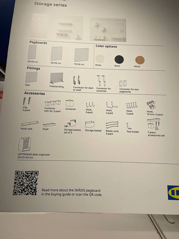 The image displays a detailed overview of IKEA's storage series, specifically focusing on pegboards and their accessories.