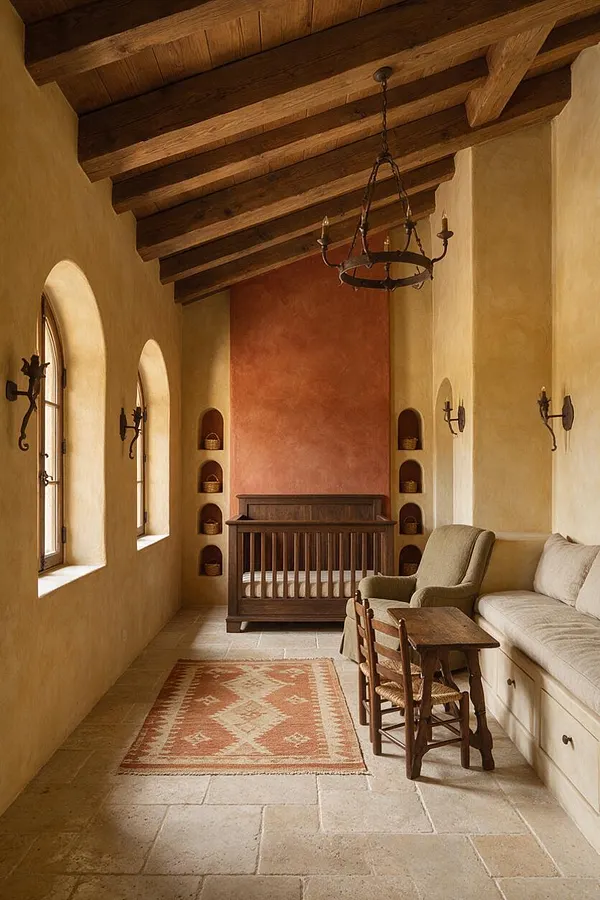 A warm Mediterranean-style nursery with a dark wood crib centered against a terracotta accent wall, flanked by recessed wall niches holding baskets. The room has plaster walls, arched windows, exposed wood ceiling beams, wrought iron sconces, a hanging lantern, a textured rug, and a small upholstered chair beside a sofa.