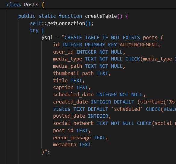 The image displays a code snippet for a PHP function that creates a database table for posts.