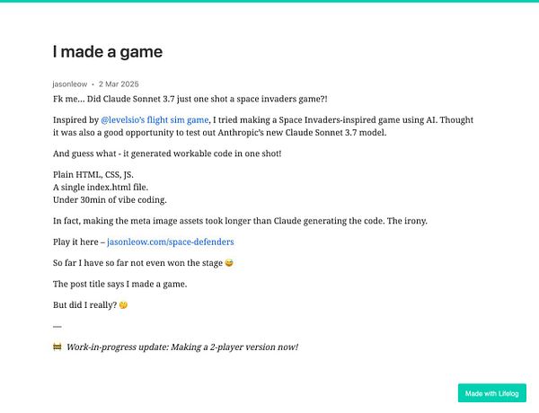 A blog post detailing the creation of a Space Invaders-inspired game using AI.