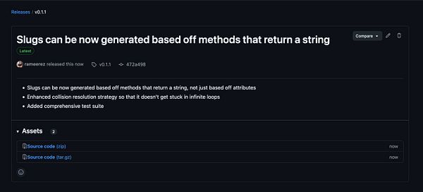 The image displays a GitHub release page for the 'slugifiable' project version 0.1.1.