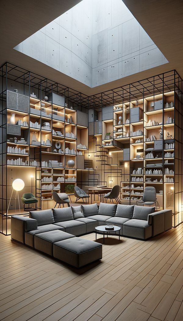 An open floor plan living space with modula-sectional sofa, movable bookshelves, and interchangeable lighting fixtures demonstrating the concept of modularity.