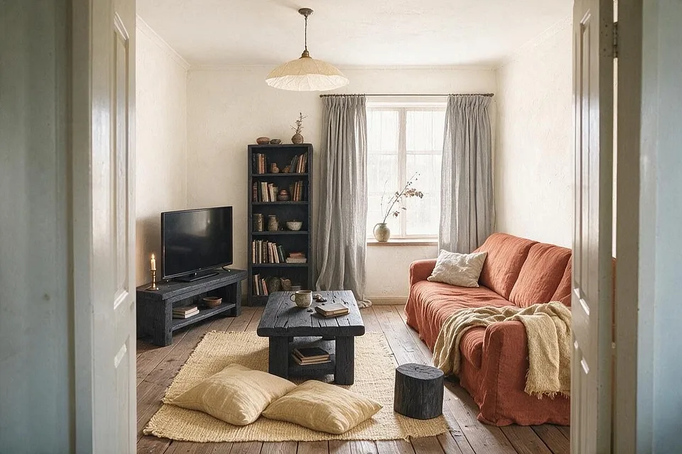 A Wabi-Sabi living room in the Rust and Paper palette
