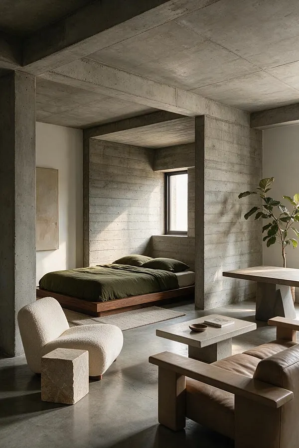 A minimalist studio apartment with exposed concrete walls and ceiling, a low platform bed dressed in dark olive bedding, a cream boucle lounge chair, and sculptural stone and wood furniture. A small window brings in soft natural light, highlighting the raw brutalist structure and muted neutral palette.