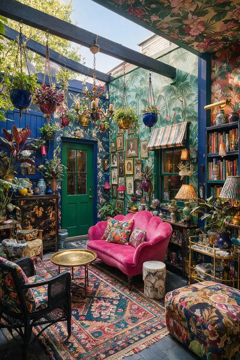 A colorful backyard lounge packed with maximalist decor, including a bright pink velvet sofa, patterned rugs, hanging plants, framed art, and floral wallpaper. Blue-painted walls, a green door, and floral ceiling paper create a dense, eclectic outdoor room full of texture and color.