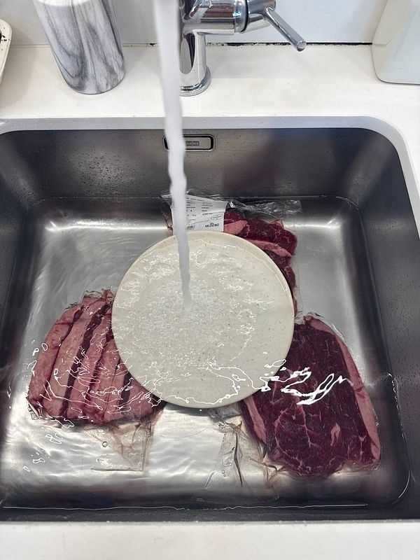 A sink filled with water, containing several cuts of meat and a plate.