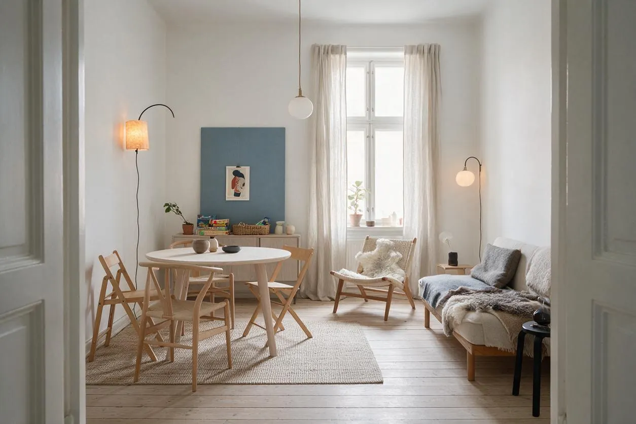 A bright Scandinavian-style game room with white walls, pale wood floors, and soft natural light from a tall window with sheer curtains. The room includes a round white table, light wood chairs, a cozy bench with gray and white throws, a woven rug, wall sconces, and a blue accent panel with small decor and games.
