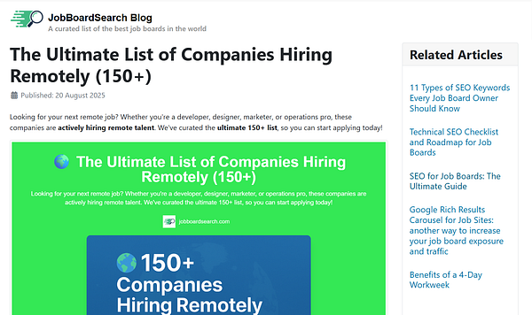A blog post titled 'The Ultimate List of Companies Hiring Remotely (150+)' on JobBoardSearch.