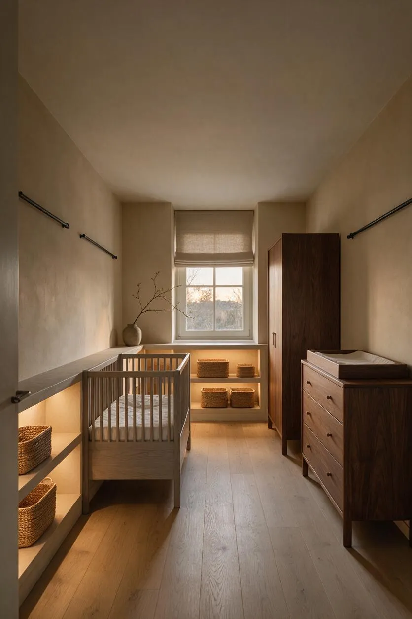 A narrow Japandi-style nursery with a light wood crib on the left, a walnut changing dresser on the right, and open shelving with woven baskets beneath a centered window. Soft beige walls, pale oak flooring, and warm under-shelf lighting create a calm, minimalist atmosphere.