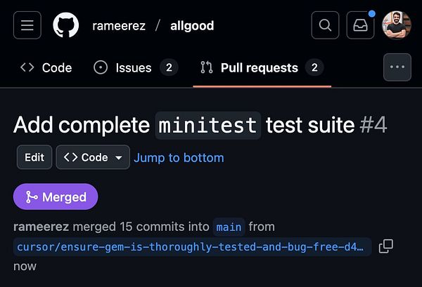 Screenshot of a terminal window running a successful Minitest output for Allgood with 17 tests and 31 assertions passing.