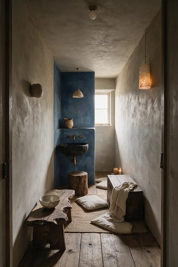 A narrow powder room with textured plaster walls and ceiling, a deep blue sink alcove, rustic wood benches, and a small window at the far end. Soft pendant lighting, candles, cushions, and natural materials create a calm, earthy wabi-sabi atmosphere.