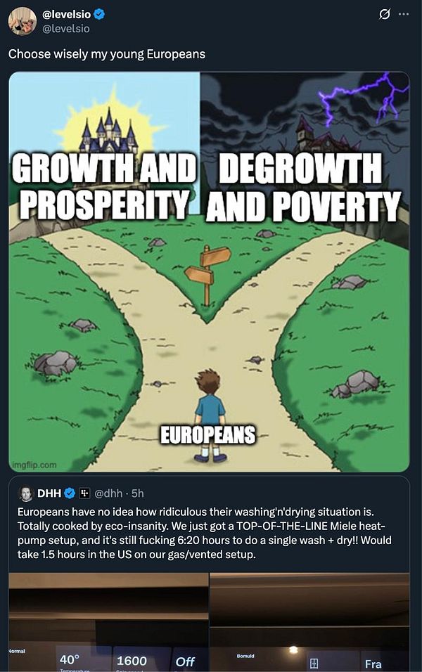 A meme contrasting two paths labeled 'Growth and Prosperity' and 'Degrowth and Poverty' with a character standing at a crossroads.