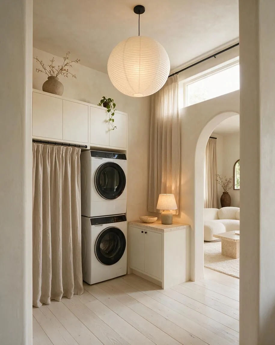 A serene mudroom in soft neutral tones features stacked front-loading washer and dryer units beside a floor-to-ceiling curtain enclosure and built-in cabinets. A paper lantern pendant, sheer drapery, and a small countertop lamp add warmth, while an arched opening leads to a cozy adjacent living space.