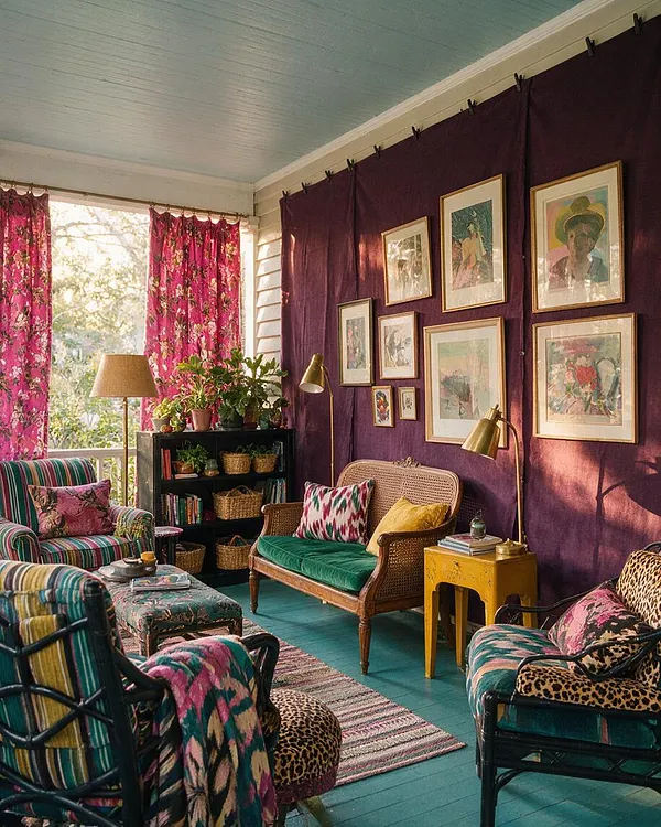 A colorful front porch lounge with layered patterned chairs, a rattan settee, framed art on a deep plum wall covering, and bright floral curtains. The turquoise painted floor, teal ceiling, brass lamps, books, plants, and mixed textiles create a richly decorated maximalist space.