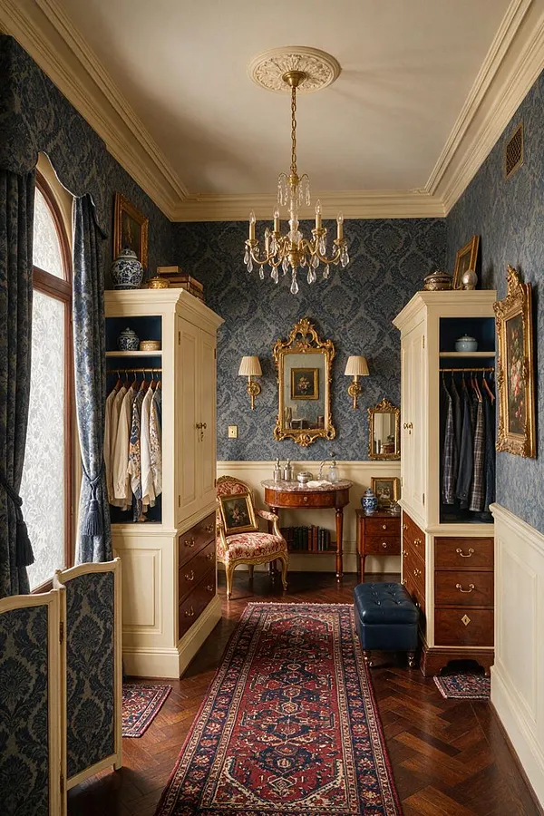 A narrow traditional closet with blue damask wallpaper, cream built-in wardrobes, and a crystal chandelier hanging from a detailed ceiling medallion. The room includes a patterned runner rug, wood parquet floors, a small table, ornate mirrors, and classic upholstered seating.