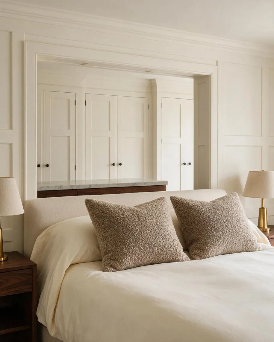 A serene guest bedroom with a cream upholstered bed dressed in soft white bedding and two textured taupe pillows. Dark wood nightstands with brass table lamps flank the bed, and a large mirrored opening or built-in feature reflects paneled closet doors and a marble-topped surface.