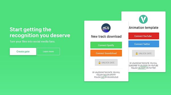 The image features a vibrant green background with promotional cards for social media engagement and content recognition.